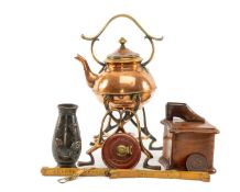 ASSORTED COLLECTABLE TREEN & METALWARE, including copper & brass 'Gypsy' spirit kettle and stand