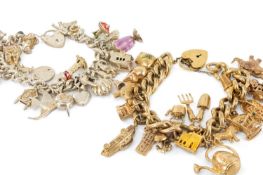 GOLD PLATED CURB LINK BRACELET heart shaped padlock with approximately nineteen 9ct gold charms