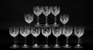 THARAUD, JUSTIN: CUT CRYSTAL WINE GOBLETS, 'Emerald' pattern, 9 x 15.5cms (h), 3 x very slightly