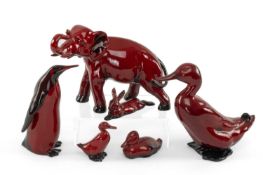 SIX ROYAL DOULTON FLAMBE GLAZED ANIMAL FIGURINES, comprising Indian elephant 20cms (w), large duck