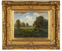 CLAUDE E. PICAULT (French, 19th C.) oil on board, Landscape with sheep, signed, 22 x 30cm