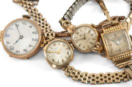 FOUR VINTAGE LADIES' WRISTWATCHES, comprising 9ct gold Hefix example with 9ct gold bracelet, 9ct
