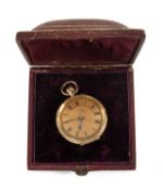 18K GOLD FANCY FOB WATCH, the circular dial with Roman numerals, engraved overall, 27.6gms