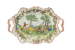 FRENCH FAIENCE POTTERY TRAY, possibly Rouen, painted in colours with 18th century figures dancing in