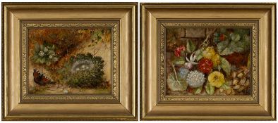 FOLLOWER OF OLIVER CLARE oils on canvas - two still lives of wild flowers; still life of nest and