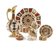 ASSORTED ROYAL CROWN DERBY CHINA, including two bird paperweights, egg on stand, two oval trinket
