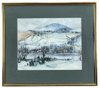 ‡ VALERIE GANZ (1936-2015) mixed media on paper - mountainous landscape with lake and farmhouses,