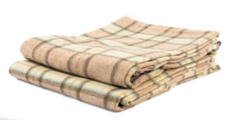 PAIR TRADITIONAL WELSH PLAID BLANKETS, wool, woven in pink, green, mustard, cream, 184 x 220cms (