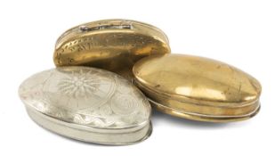 THREE ANTIQUE SNUFF / TWIST TOBACCO BOXES comprising engraved white metal oval curved example marked