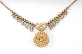 YELLOW METAL PEARL & DIAMOND NECKLACE, rope twist chain supporting graduated berry and floret