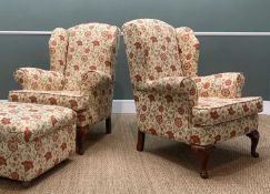 PAIR EDWARDIAN WINGBACK ARMCHAIRS & STOOL, later upholstered in patterned fabric (3) Provenance: