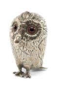 SILVER NOVELTY OWL INKWELL, George John Richards & Edward Charles Brown, London 1865, with red glass