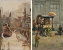 JACK BRIDGER CHALKER oil on board - 'Street Vendor, Bath', signed and dated '90, titled verso, 23