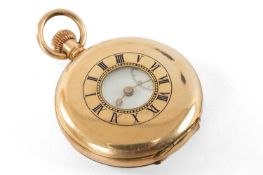 GOLD PLATED HALF HUNTER POCKET WATCH, blue enamelled chapter ring to cover, Arabic white enamelled