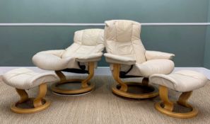 PAIR EKORNES STRESSLESS CLASSIC RECLINER CHAIRS & MATCHING OTTOMANS, cream leather upholstery, beech