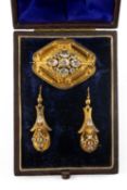 CASED 19TH CENTURY BROOCH & EARRINGS DEMI-PARURE, yellow metal, paste set, in original velvet