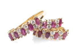 18CT GOLD RUBY & WHITE GEMSTONE RING together with a similar pair of earrings, 7.4gms gross (3)