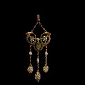 9CT GOLD PERIDOT & PEARL PENDANT, Barnet Henry Joseph, in the art nouveau style with 3 pendant pearl