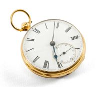VICTORIAN 18CT GOLD OPEN FACED POCKET WATCH, white stepped enamel dial with Roman numerals,