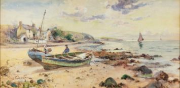 JOSEPH HUGHES CLAYTON (active 1891-1929) watercolour - figures beside beached fishing dinghies