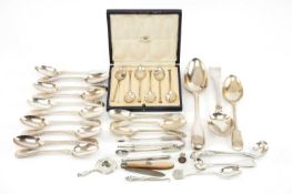 ASSORTED SILVER FLATWARE comprising various spoons, ladles, propelling pencils, button hook, fruit