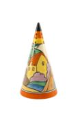 CLARICE CLIFF CONICAL SUGAR SIFTER in 'Orange Roof Cottage' pattern, handpainted with a stylised