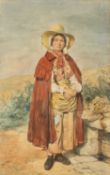 OCTAVIUS OAKLEY (1800-1867) watercolour - Farm girl in a red cloak and straw hat with scythe and