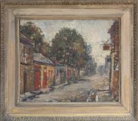 KALMAN KEMENY (Hungarian, 1896-1994) oil on board - terraced cottages and shop sign, signed, 49 x