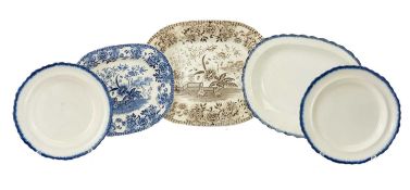 TWO SWANSEA MEAT PLATTERS printed in the 'Veranda' pattern, 32cms, and 40cms diam, and THREE FEATHER