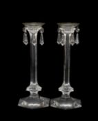PAIR VAL ST. LAMBERT GLASS CANDLESTICKS, with detachable drip pans, 30cms (h) (2) Provenance: