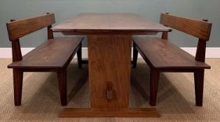 MID-CENTURY TEAK REFECTORY TABLE & BENCHES, large two-plank table top raised on platform end