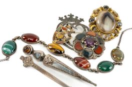 GROUP OF JEWELLERY comprising Scottish hardstone set items including dirk brooch, brooches,