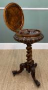 VICTORIAN WALNUT MARQUETRY TEAPOY, circular hinged top with marquetry inlay, interior with two