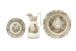 LLANELLY POTTERY JUG AND BASIN, both 'Milan' pattern, bowl diam 34cms, jug height 31cms,