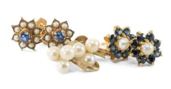 THREE PAIRS LADIES' EARRINGS, comprising pair sapphire and pearl flower cluster earrings, pair 9ct