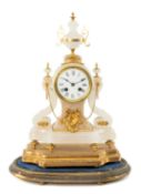 FRENCH ALABASTER & GILT METAL MOUNTED MANTEL CLOCK, with urn surmount, circular white enamel dial in