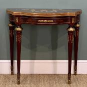 REPRODUCTION ITALIAN FRENCH STYLE MARQUETRY CARD TABLE, foliate marquetry swivel fold-over top, gilt