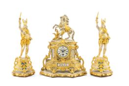 LATE 19TH C. FRENCH SPELTER & PORCELAIN MOUNTED CLOCK GARNITURE, clock with Marley Horse surmount,