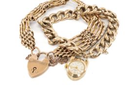 9CT GOLD GATE LINK BRACELET, heart shaped padlock, 21.6gms, together with gold plated curb link