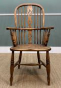 ANTIQUE ELM & ASH SPINDLE BACK WINDSOR ARMCHAIR, pierced vase splat, h-form stretcher, 105 (h) x