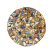 UNUSUAL BOODY WARE DISH, the plate applied with China sherds in matrix, 25.5cms (diam.)