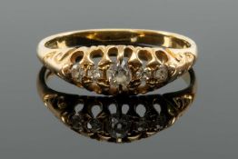 18CT GOLD FIVE STONE DIAMOND RING, having five old cut graduated stones, ring size P 1/2, 2.6gms