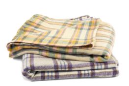 TWO TRADITIONAL WELSH PLAID BLANKETS, wool, woven in purple, blue, grey & caramel 220 x 180cms,