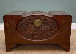 CHINESE CARVED CAMPHORWOOD CHEST, decorated relief with figures in the Cantonese style, brass