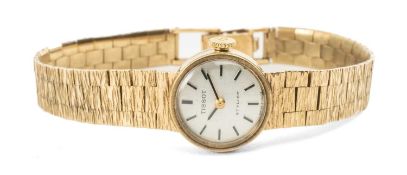 LADIES' 9CT GOLD TISSOT 'STYLIST' BRACELET WATCH, 17J manual wind movement, silvered circular dial