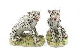TWO SIMILAR MEISSEN MODELS OF LEOPARDS, both snarling and seated on naturalistic bases with