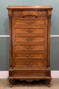 FRENCH STYLE SEMAINIER CHEST, moulded top, carved frieze, fluted columns, toupie feet, later