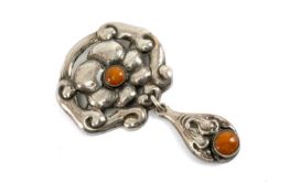 GRANN & LAGLYE SKØNVIRKE DANISH SILVER & AMBER BROOCH, Copenhagen c. 1910, with drop pendant mounted