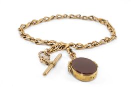 10CT GOLD FANCY LINK ALBERT CHAIN, T-bar, revolving bloodstone and carnelian fob, 41.5cms long, 52.