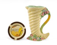 CLARICE CLIFF: circular ashtray 12cms (diam) and 'My Garden' cornucopia ewer 21.5cms (h) (2)